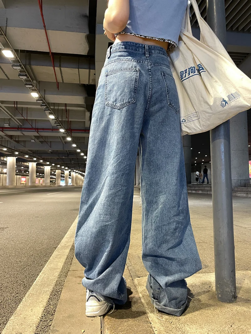 Women Torn Jeans Sexy Vintage High Waisted Mop Straight Leg Wide Leg Pants Retro Loose Fitting Pants