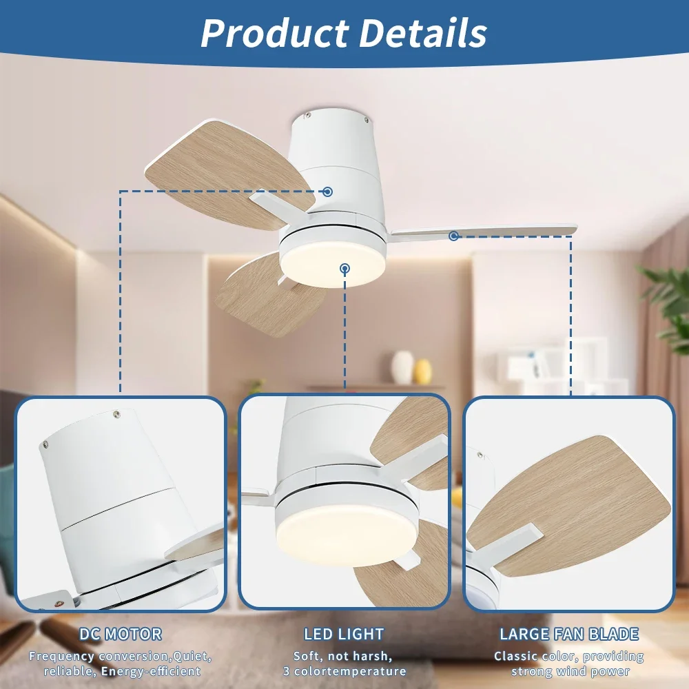 Embedded DC Ceiling Fan 30/42 Inch with Light Remote Control 3CCT Dimmable Noise Free for Bedroom Study Living Room