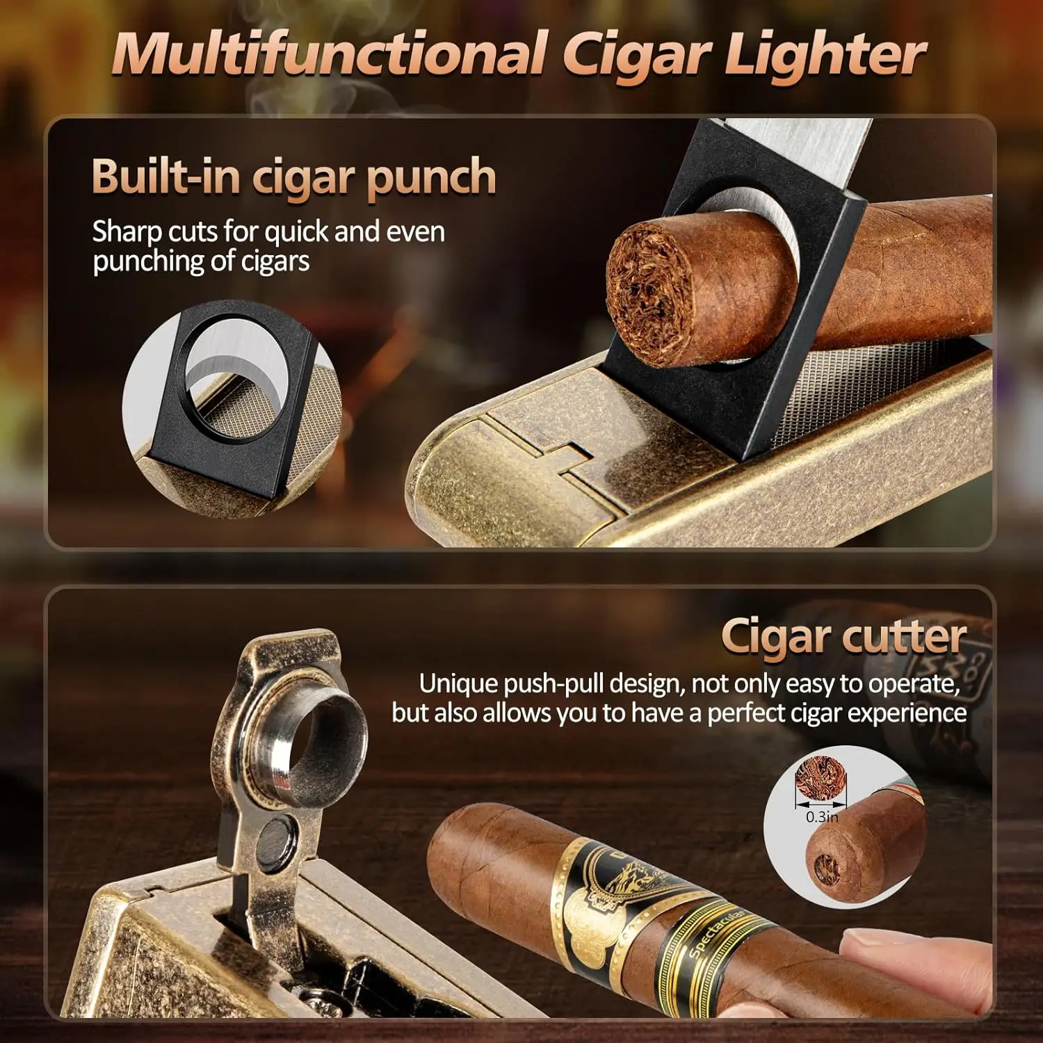 Leather Cigar Humidor with Cigar Lighter,Built-in Straight Cigar Cutter and Cigar Punch,Humidifier and Cedar Tray 4