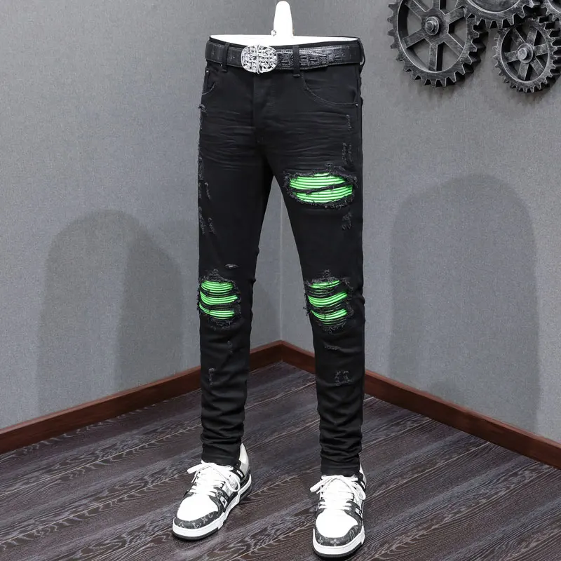 

Street Fashion Men Jeans High Quality Black Stretch Skinny Ripped Jeans Men Green Leather Patched Designer Hip Hop Brand Pants