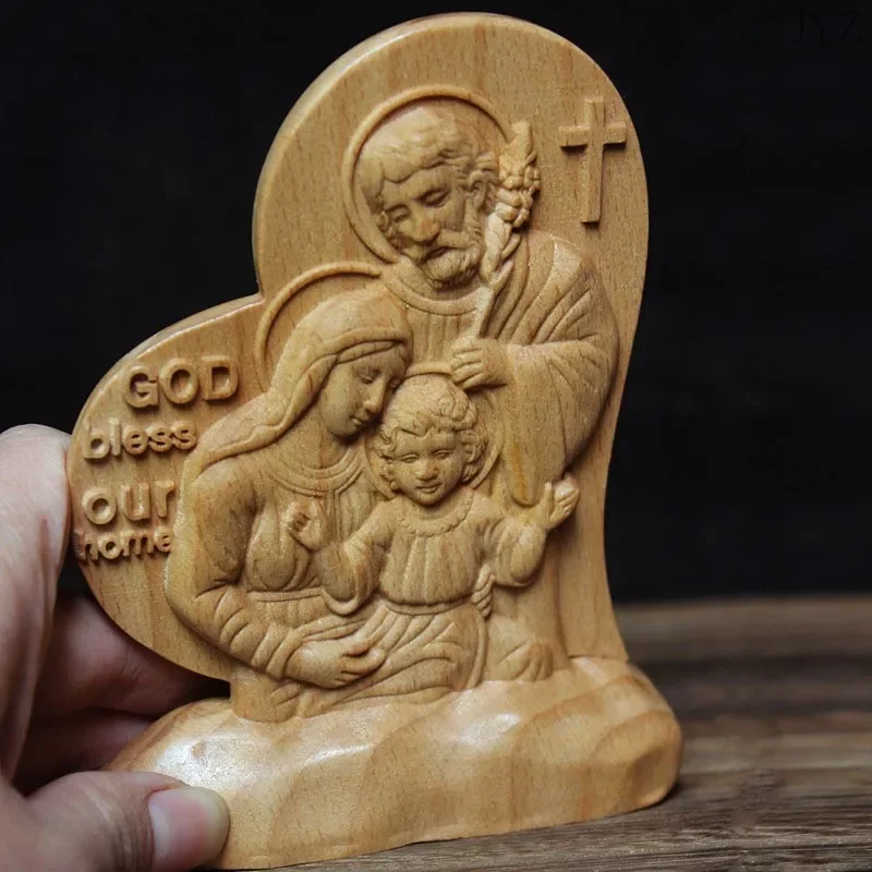 Catholic Holy Family Virgin Joseph Jesus Wood Carving Icon Bedroom Living Room Desktop Decor