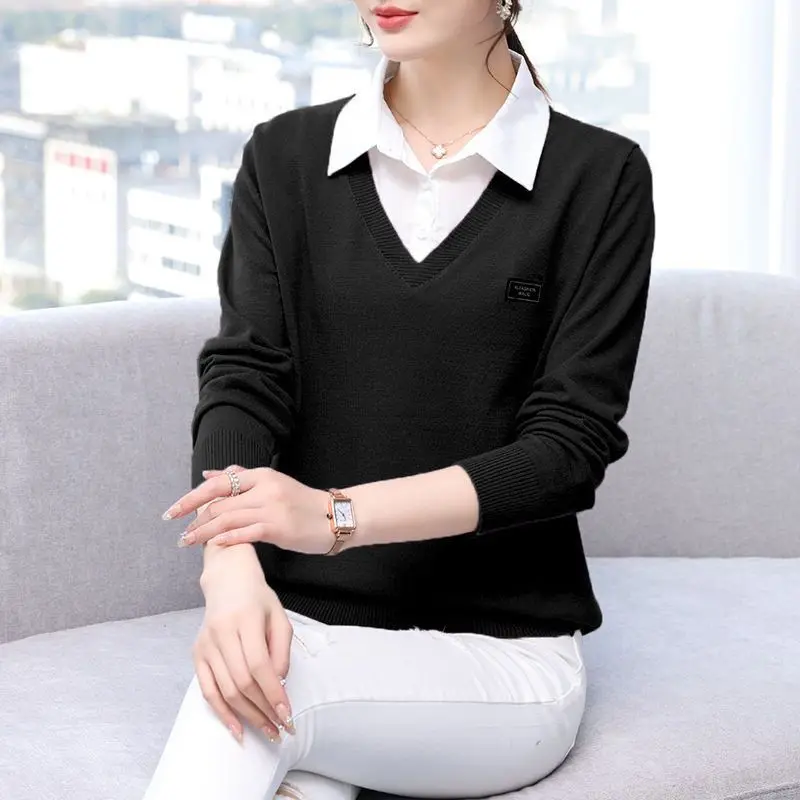 Solid Turn-down Collar Patchwork Loose Button Casual Straight Pullovers Women\'s Clothing Dignified Autumn Winter Thin Bottoming