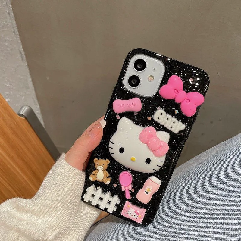 Sanrio Hello Kitty Ins 3D Bow Baby Phone Case For iPhone 15 14 13 Pro Max 11 12 Pro 7 8 Plus XR XS Max Cute Cover Y2K Anti Fall