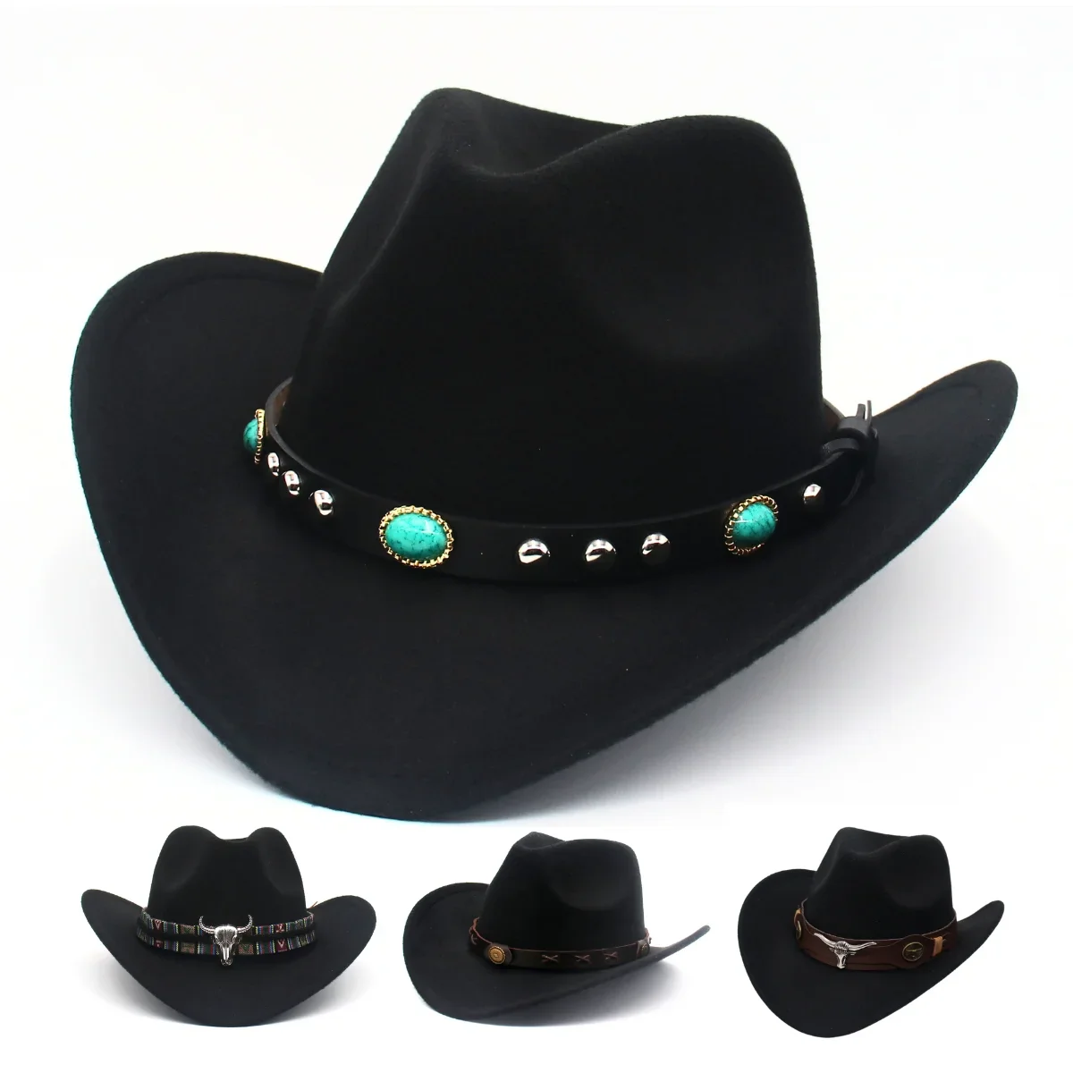 

Emerald Decor Western Cowboy Women's Hat Jazz Men Country Hat Ethnic Style Retro Knight Felt Hat Faux Wool Travel Cowgirl Fedora