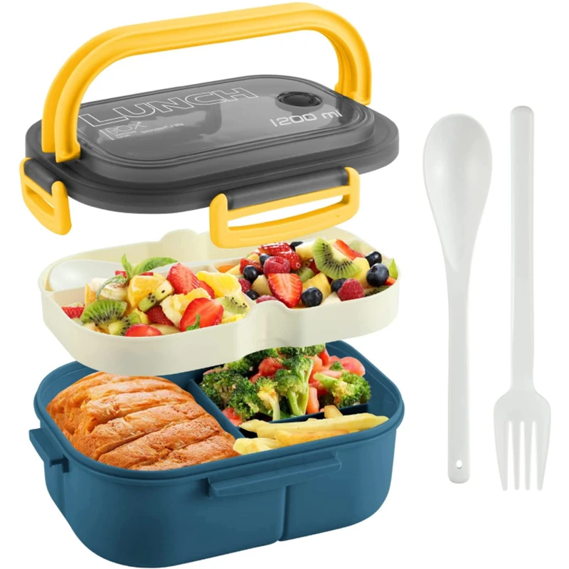 Portable Hermetic Lunch Box 2 Layer Grid Bento Box with Fork Spoon  StudentsUO