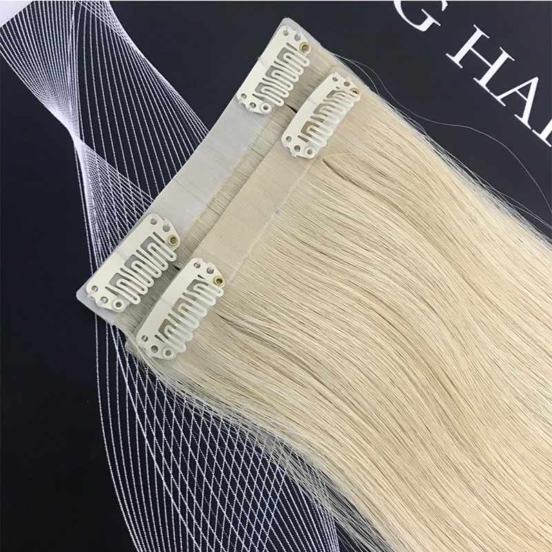 26inch Seamless PU Clip Ins Hair Extensions Straight Human Hair #60 Blonde Invisible Clip in Human Skin Weft 8pieces/Set