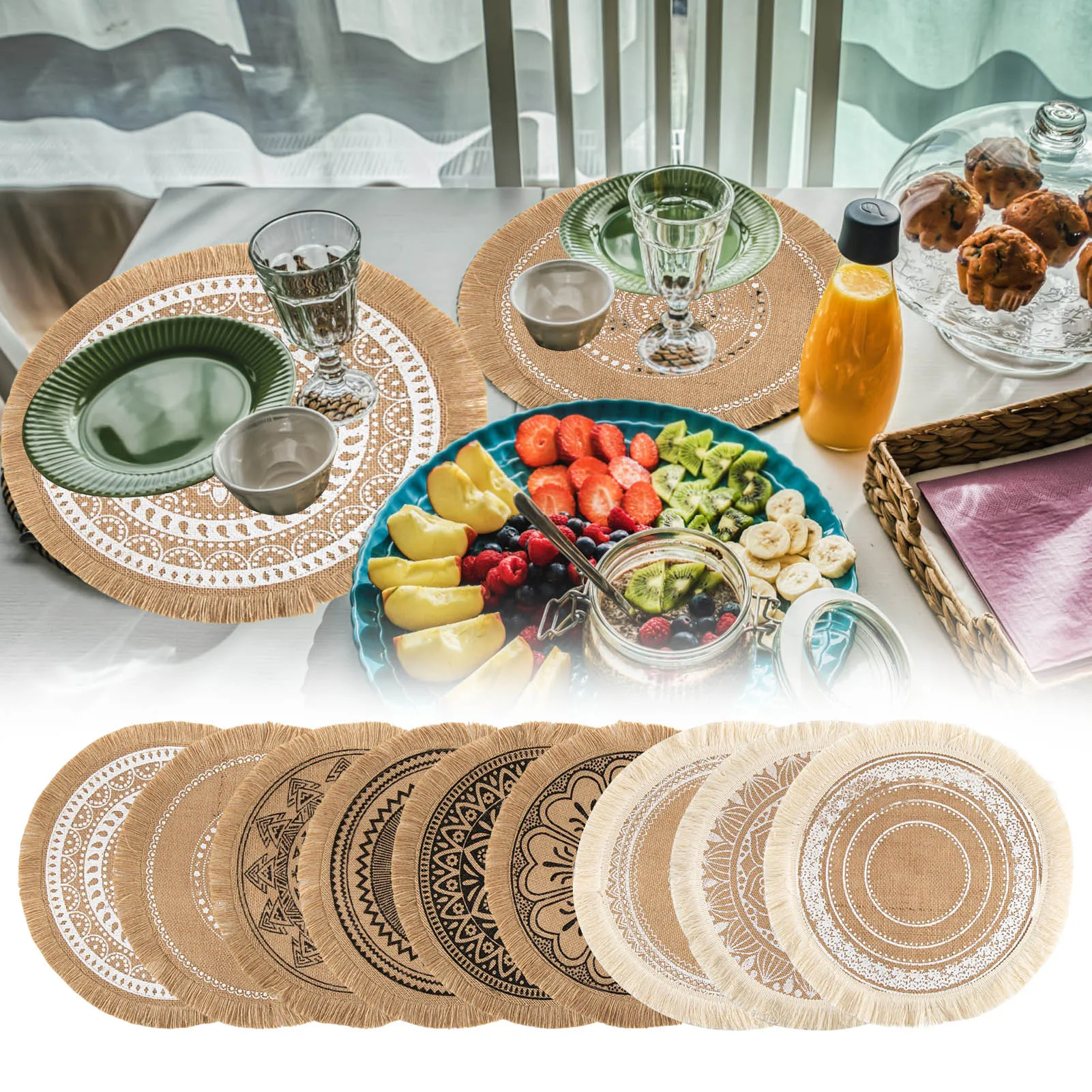 SET DE TABLE,Black-18cm--Napperons ronds tissés PP imperméables, tapis