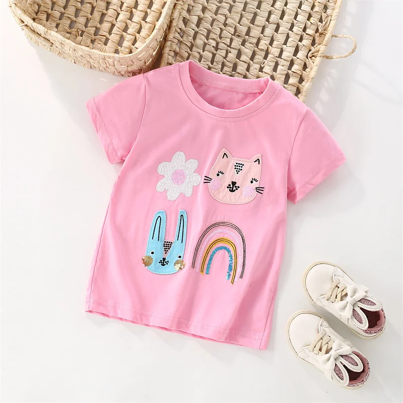 Jumping Meters 2-7T Animals Embroidery Summer Girls T Shirts Short Sleeve Kids Tees Tops Baby Costume Children's Clothes Shirts 6