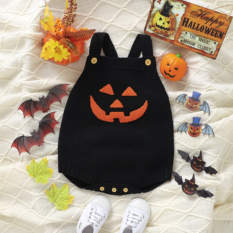 여아 남아 니트 스웨터, 민소매 찡그린 호박 롬퍼, 전체 점프수트, 중립 할로윈 복장