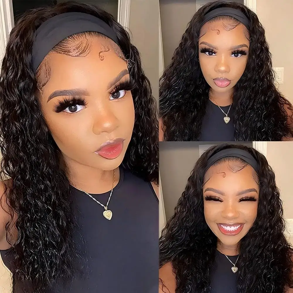 Perruques bandeau bouclées crépues en cheveux humains brésiliens Remy, densité 200%, 20 pouces, prêtes à porter, sans colle, perruque bandeau ondulée pour femmes