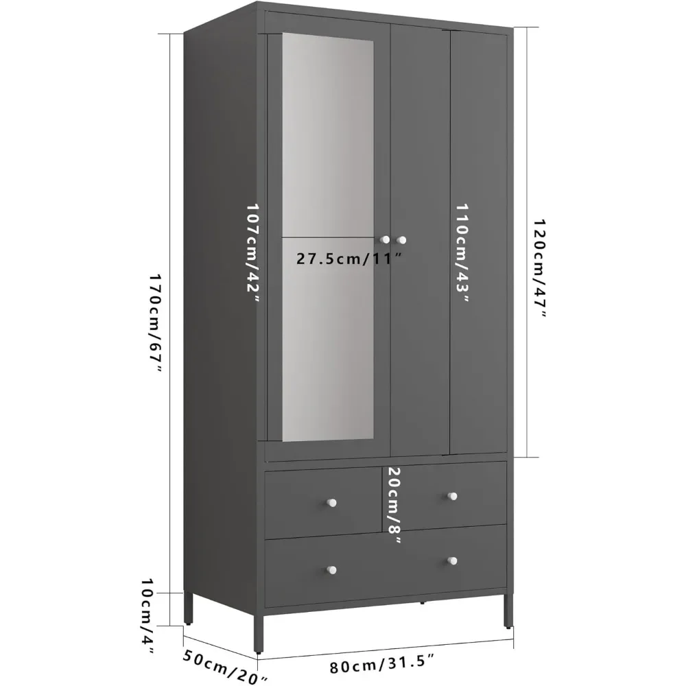 Metal Armoire Wardrobe Closet with 2 Drawers, Mirror Door and Hanging Rod, Metal Clothing Storage Cabinet, Wardrobes 5