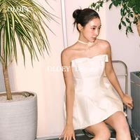OLOEY Simple Ivory Satin Short Wedding Dresses Korea Photoshoot Strapless A Line Mini Bride Gowns Zip Corset Bow Customized 1