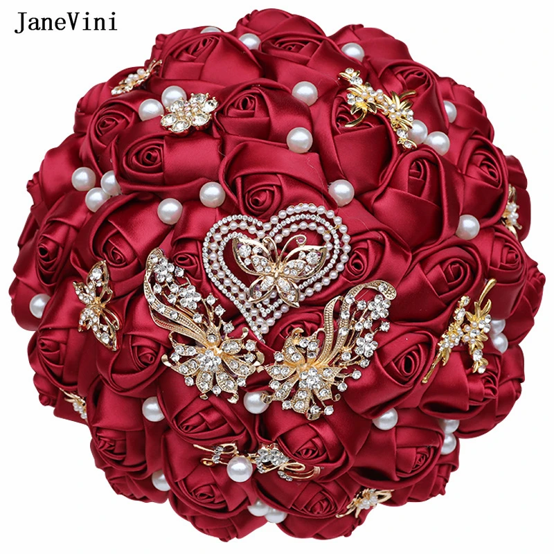 JaneVini New Elegant Dark Green Gold Bridal Bouquets Artificial Satin Roses Crystals Pearls Wedding Bouquet Flowers