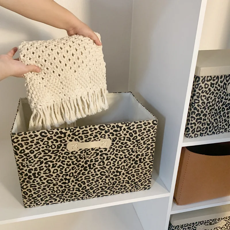 LEOPARD PRINT RECTANGLE FABRIC FOLDABLE STORAGE BOX SOLID BODY WARDROBE TRUNK ORGANIZER WITH LID HANDLES SUNDRIES STORING BASEKT 4