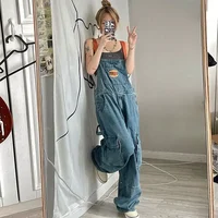 Cool Girl Style Embroidered Spicy Ink Denim Strap Jumpsuits Women's Autumn/Winter Large Loose and Slim Retro One Piece Pants - Image 2