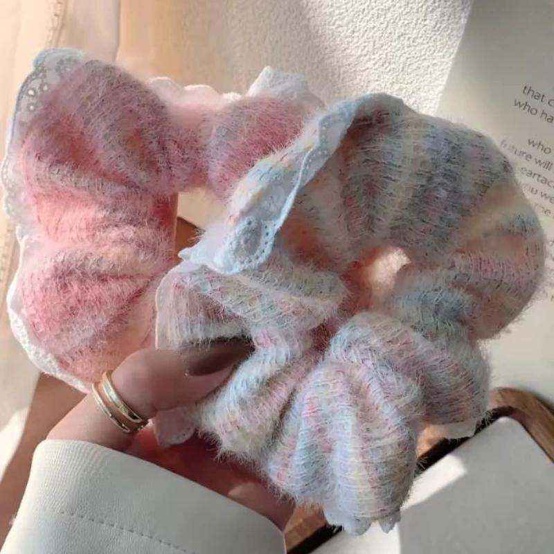 Fashionable Lace Large Iintestine Hair Ropes Colorful Wool Knitted Hair Tie High Elastic Rubber Band Women's Hair Accessories