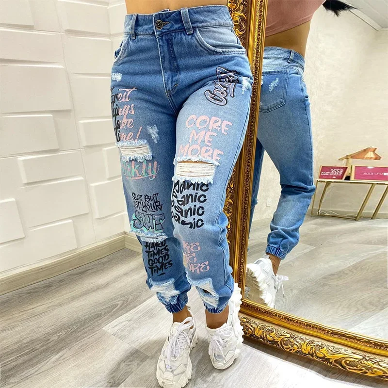 Stretch jeans voor dames, slim gescheurde broek met zichtbare