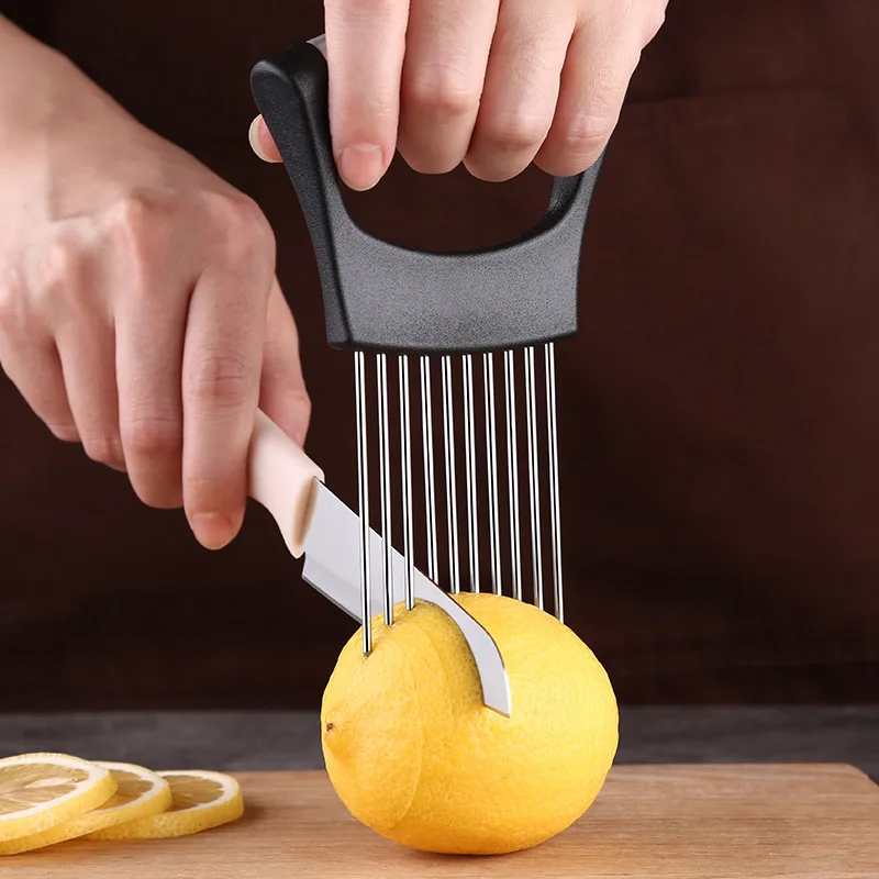 Onion Slicer Safe Fork Tomato Fruit Vegetables Slicing Safety Aid Holder Cutting Chopper Chips