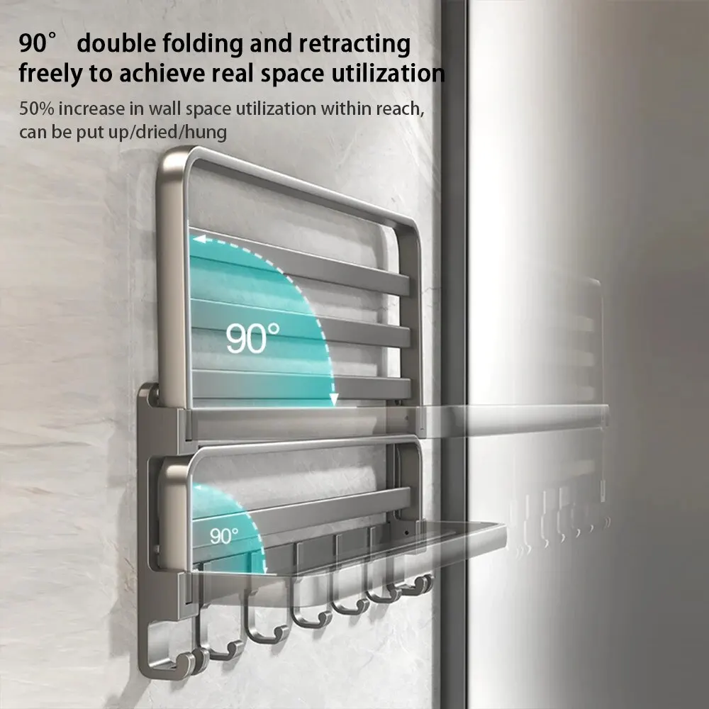 Towel Rack Bi-Fold 24 Inch Towel Storage Wall Mount With Bar Holder Shelf Movable Hooks Rust Proof For Bathroom