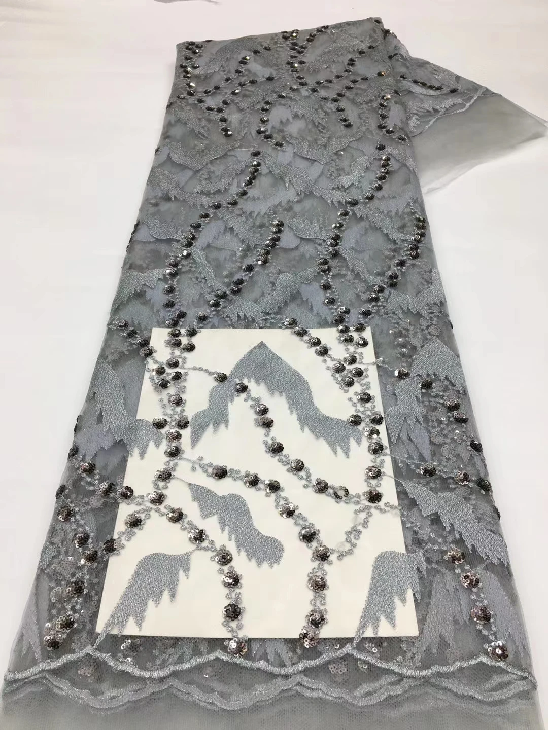 

Unique Grey Sequins Lace Fabrics French Mesh Lace European Clothes Materials For Bridal Dress