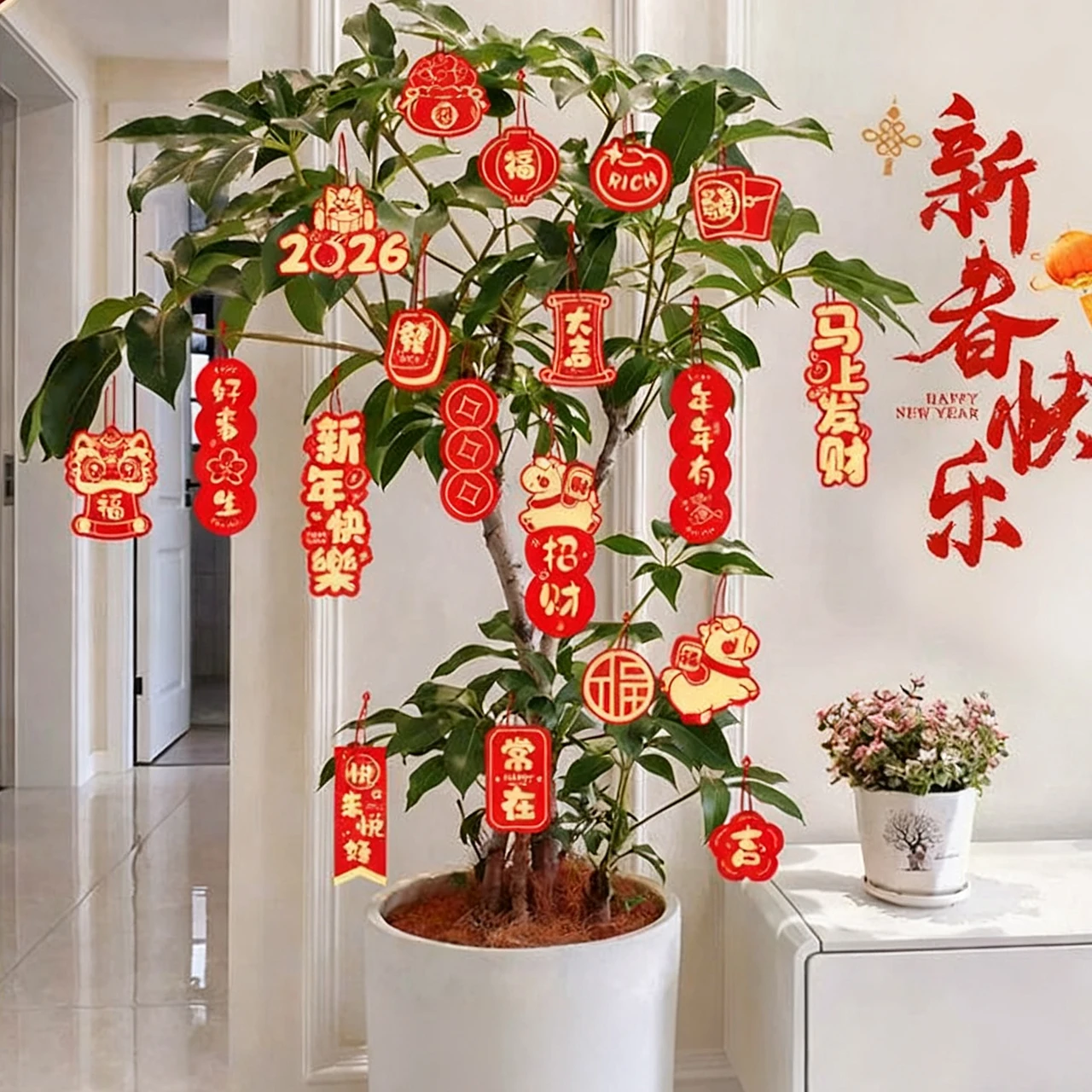 22/36/40pcs New Year Greeting Cards Blessing Plant Bonsai Pendant Gift Card Red Hanging Tags Spring Festival Home Party Decor
