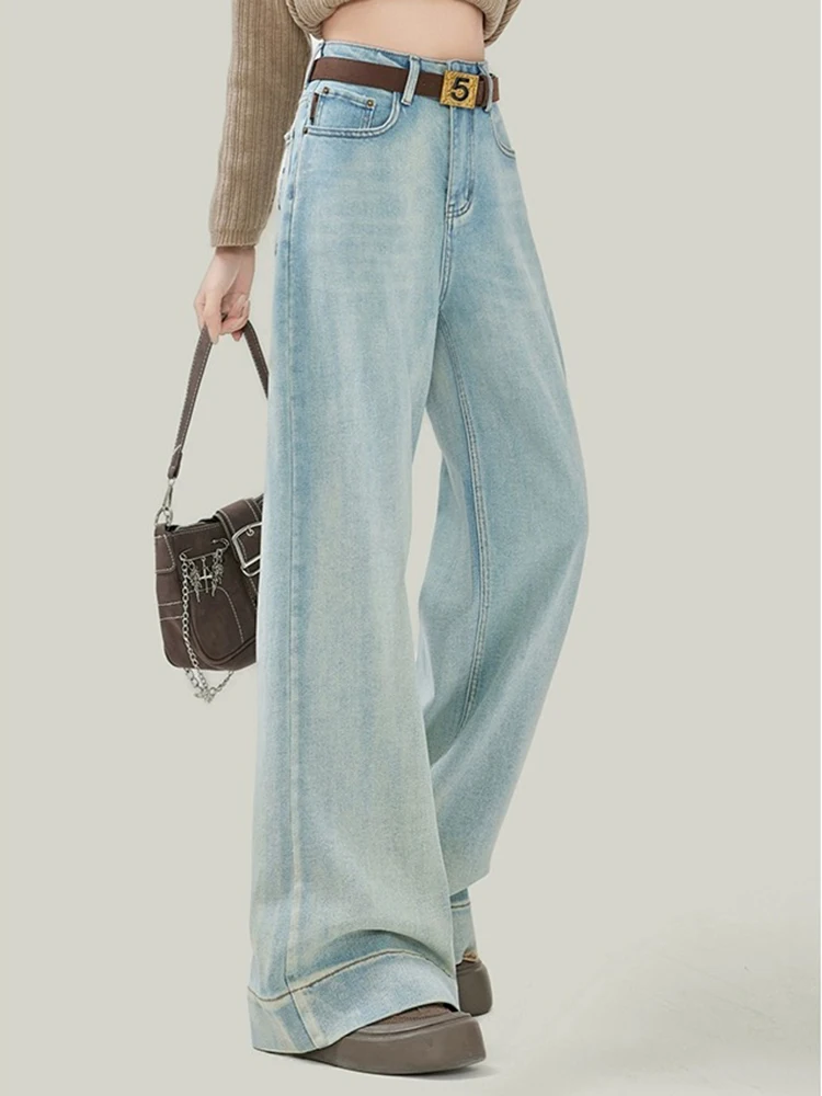

Light Blue Chic Wide Leg Pants Straight Female High Waisted Jeans New Basic Simple Casual Fashion Solid Color Baggy Jeans Women