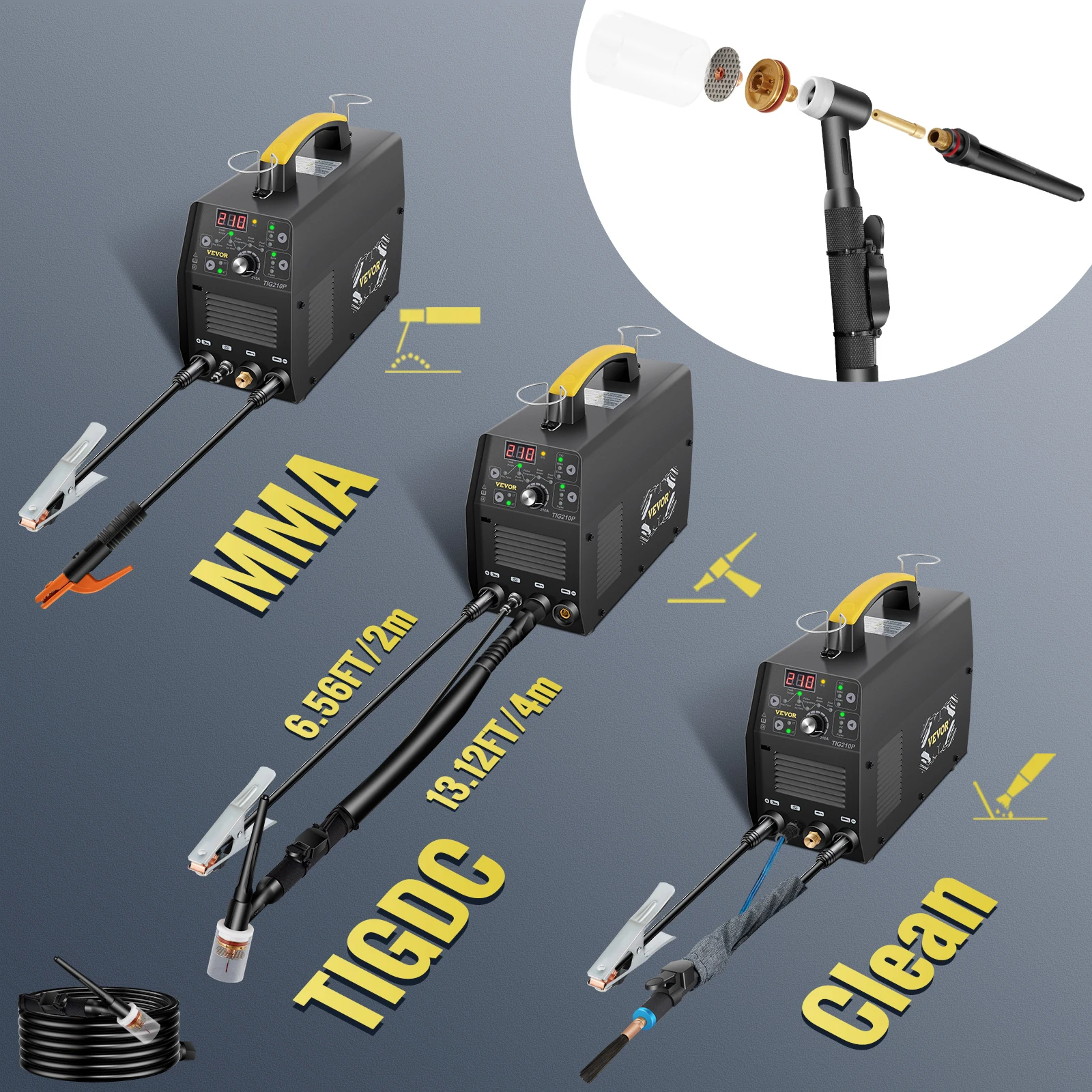 VEVOR 210A 3 in 1 TIG Welder AC 110/220V 3 in 1 Multifunctional HF TIG ARC Clean Welding Machine with USB Port/Pulse & Torch 3