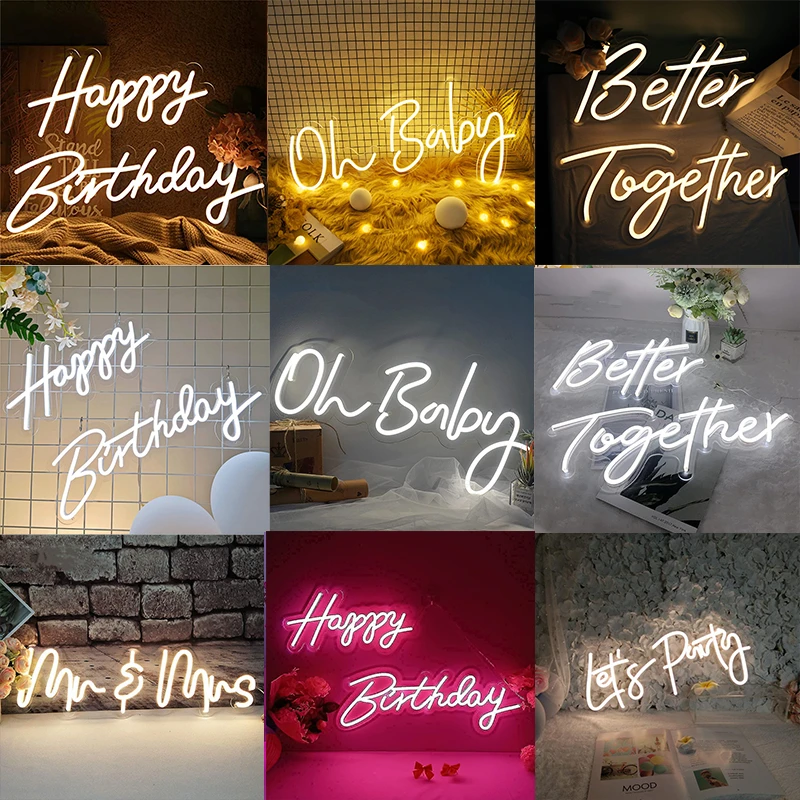 14 Styles Neon led Sign Happy Birthday Led Light Party Flex Transparent Acrylic Oh Baby Neon Light Sign Wedding Party Decor wall night light Night Lights