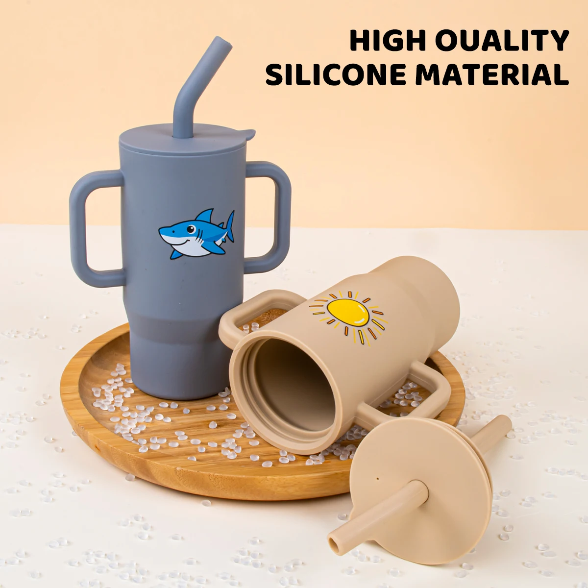 실리콘 240ml 프린트된 학습용 컵,  누수 방지 빨대컵,  이중 손잡이 훈련용 물컵, 식품 등급 실리콘 어린이용 컵