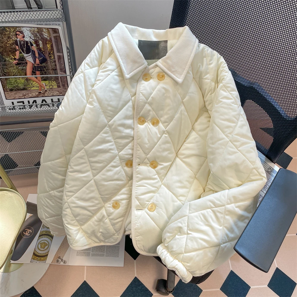 

Elegant Cotton Coat Plaid Print Women Warm Padded Jacket Turn Down Collar Female Loose Overcoat 2022 New