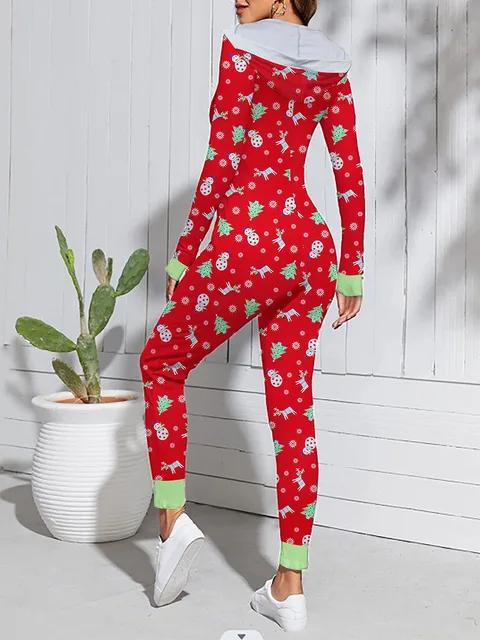 Women s Christmas Pajamas Romper Cute Print Long Sleeve Zip Up Hooded Jumpsuit Sleepwear 2