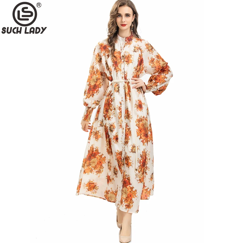

Women's Runway Dresses O Neck Long Sleeves Floral Printed Elegant Fashion Designer Vestidos
