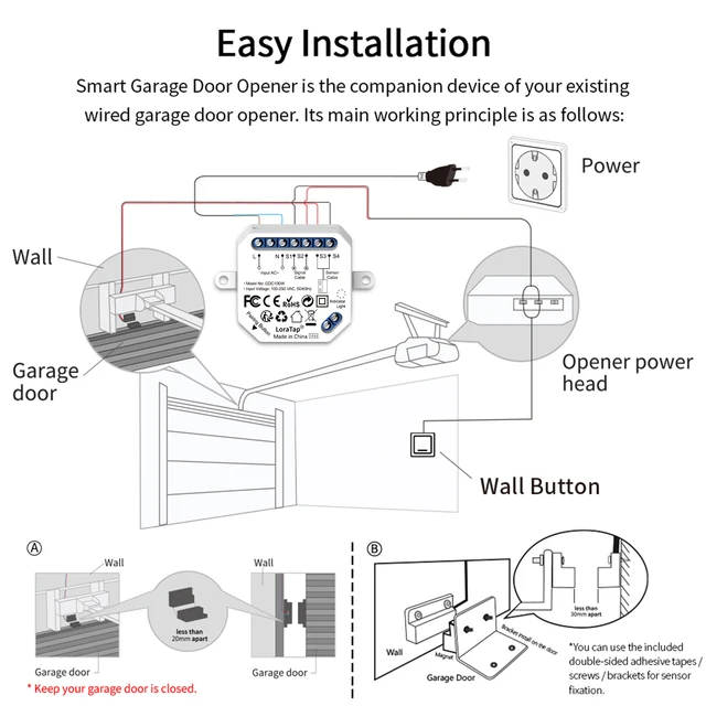 LoraTap WiFi Garage Door Opener Control Wired Sensor Contacts Tuya Smart Life Remote Control Work with Google Assistant Alexa 6