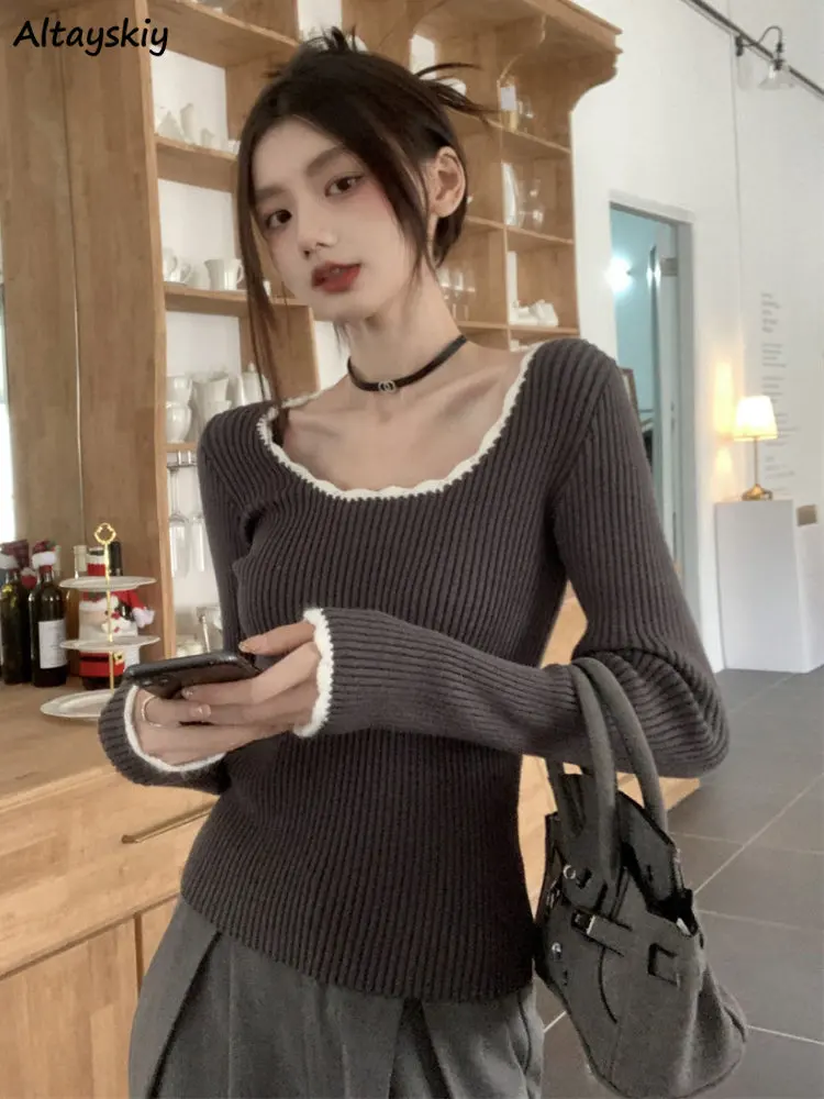 

Pullovers Women Slim O-neck Elegant Vintage Cozy Gentle Sweet Students Autumn Knitwear Inside Simple Temper Solid Sweaters Chic