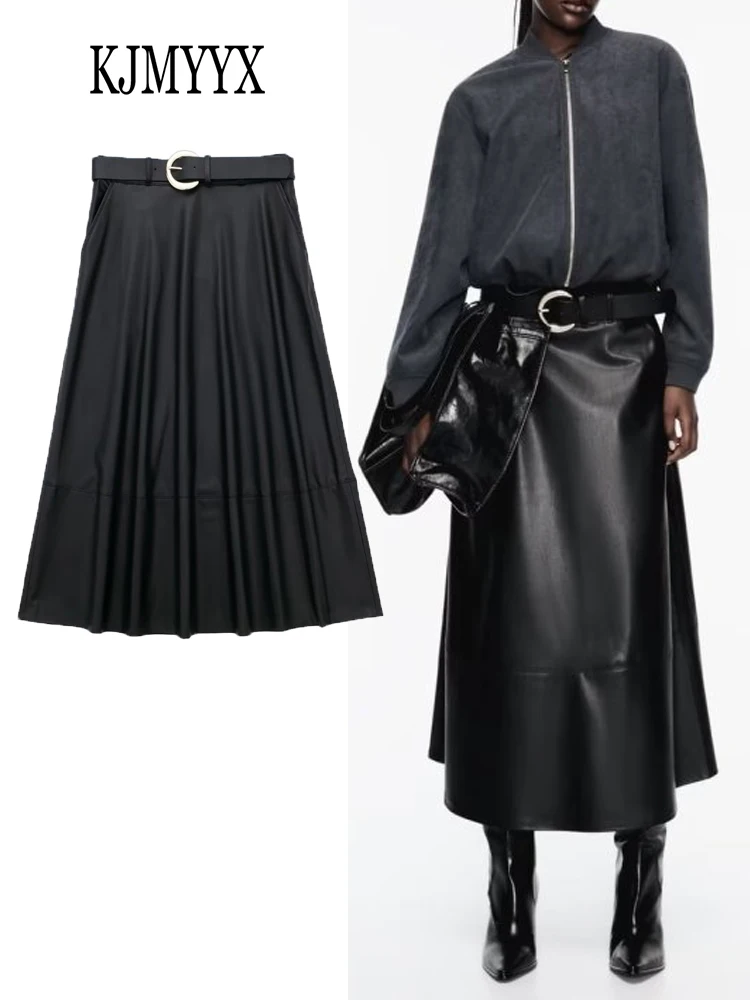 

KJMYYX New Summer Women Fashion Artificial Leather With Belt Long Skirt Versatile Female Vintage High Waist Midi Skirts Mujer