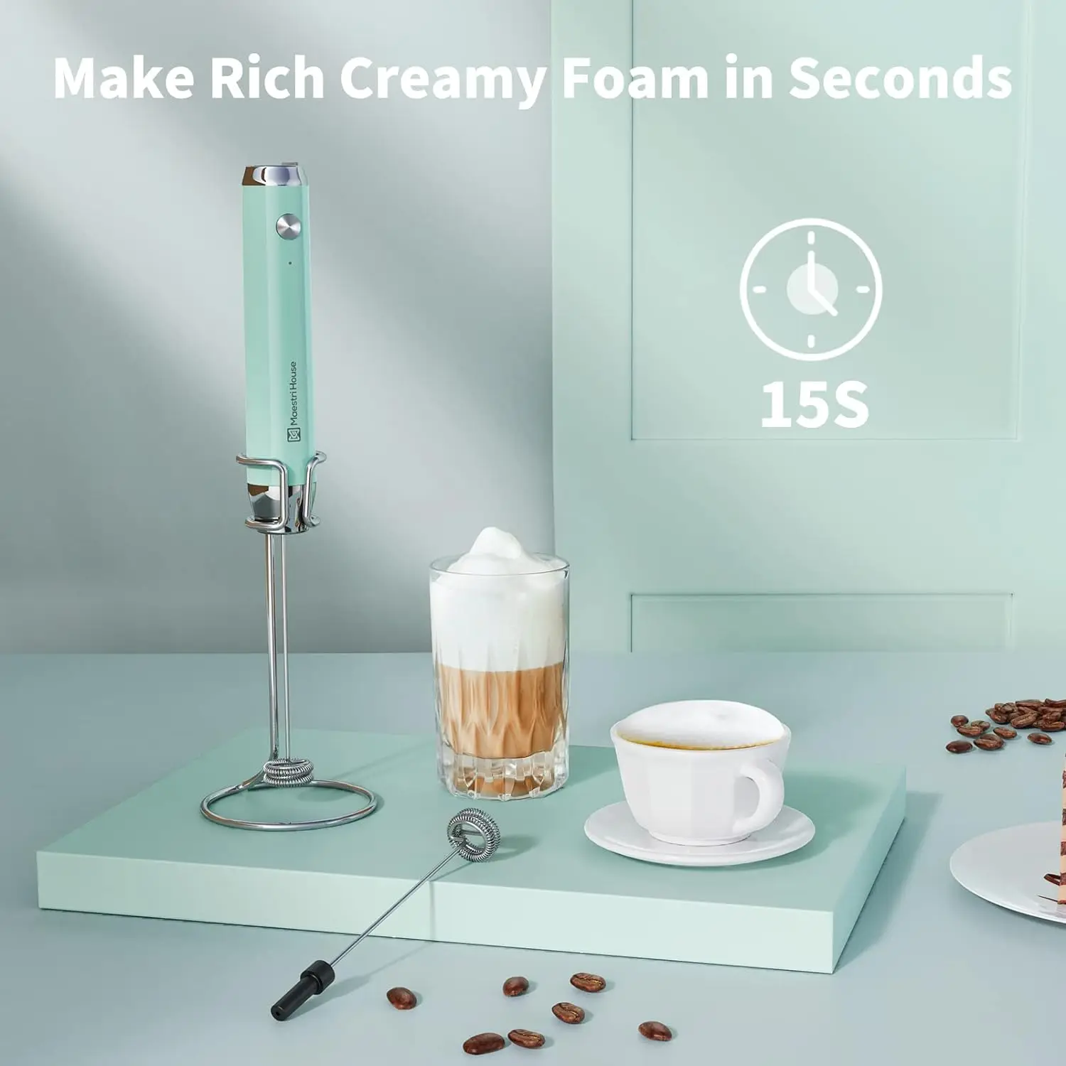Maestri House Milk Frother USB-C Rechargeable Wireless Handheld Blender for Coffee Lattes Cappuccino Hot Chocolate Foam Maker 4