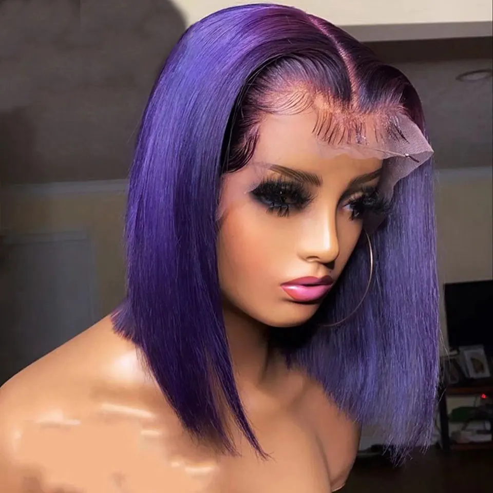 Short Bob Wig 180% Dark Purple Lace Front Human Hair Wigs For Women 13x4 Lace Frontal Wig Colored Straight Bob Lace Front Wigs - Image 4