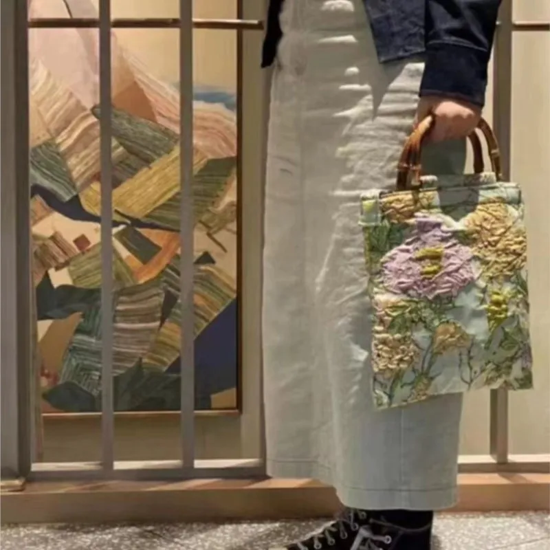 Green Peony Tote Bag Women Double Layer Bamboo Handle Large Capacity Shoulder Bags Ladies Vintage Elegant Gentle Crossbody Bag