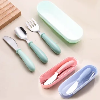4pcs Children Spoon Forks Box Kids Stainless Steel Kids Cutlery Portable Baby Feeding Utensils Baby Spoons Baby Tableware Set