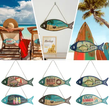 Summer Wooden Fish Welcome Sign Nautical Wall Art Decor Hanging Vintage Fish Hanging Ornament Sign Decor Decoration Maison 1