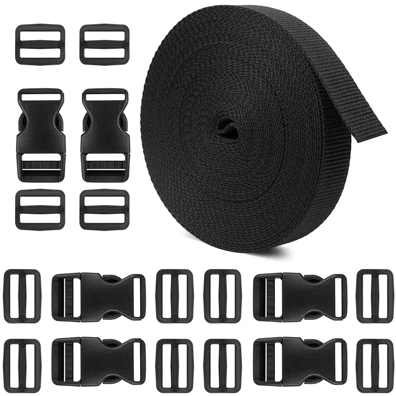 10M Nylon Webbing Backpack Pet Buckle Strap With 6pcs Adjustable Side Release Plastic Buckles and 12PCS Tri-Glide Slide Clip nylon webbing,nylon webbing tape