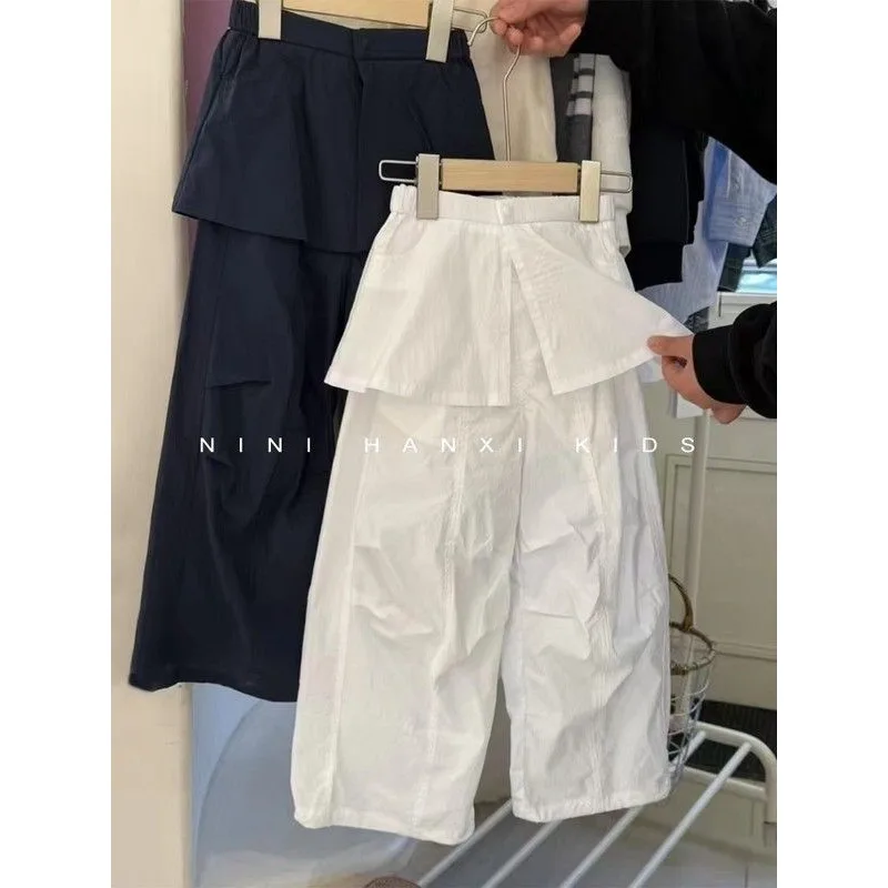 Girls' Trendy Workwear Skirtpants for Summer Stylish and Versatile, Spliced Fart Curtain Casual Pants for Baby Girls