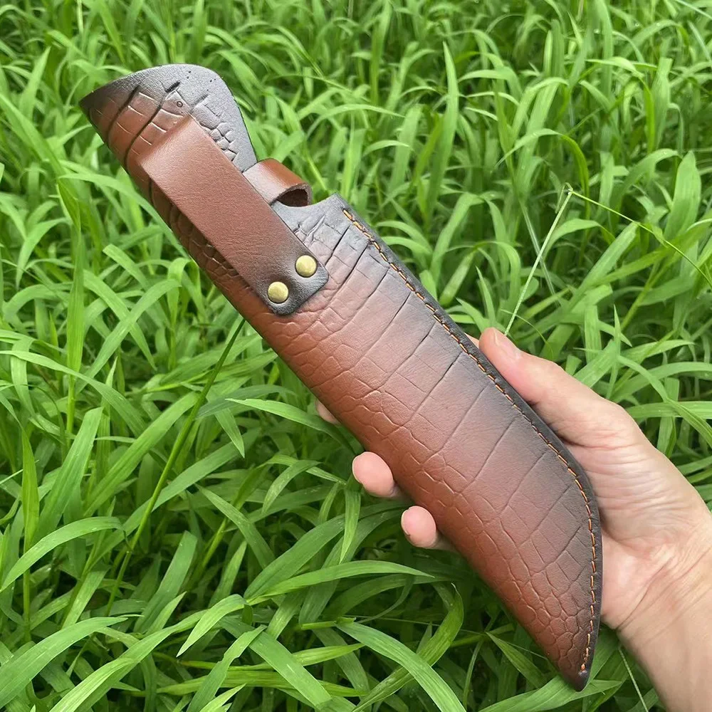 29.9 cm Fixed Blade Knife Scabbard Embossed Cowhide Cover Leather Sheath  Camping Knife Case Hunting Holsters with Belt Buckle 3