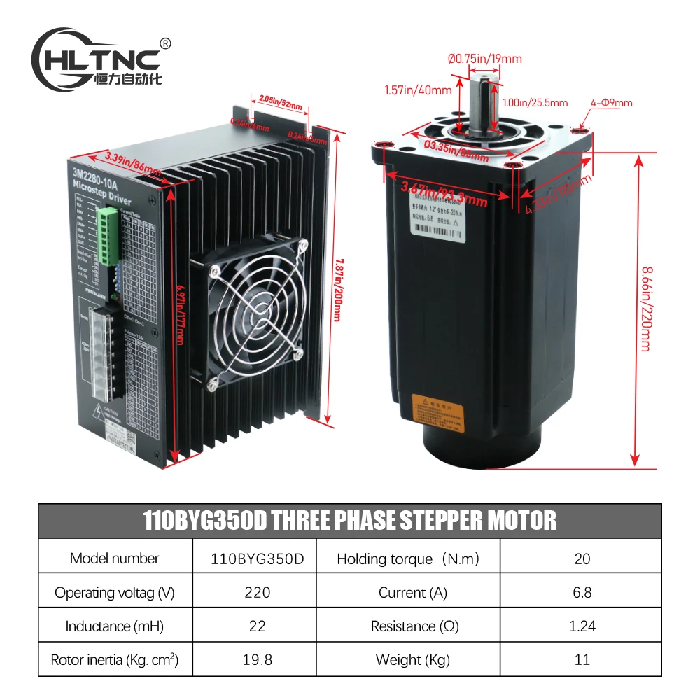 3 상 AC 스테퍼 모터 키트, CNC 라우터 테이블 조각 기계, 110mm, 20N.m, 110BYG350D, 3M2280-10A 드라이버, 220V 하이브리드 6.8A