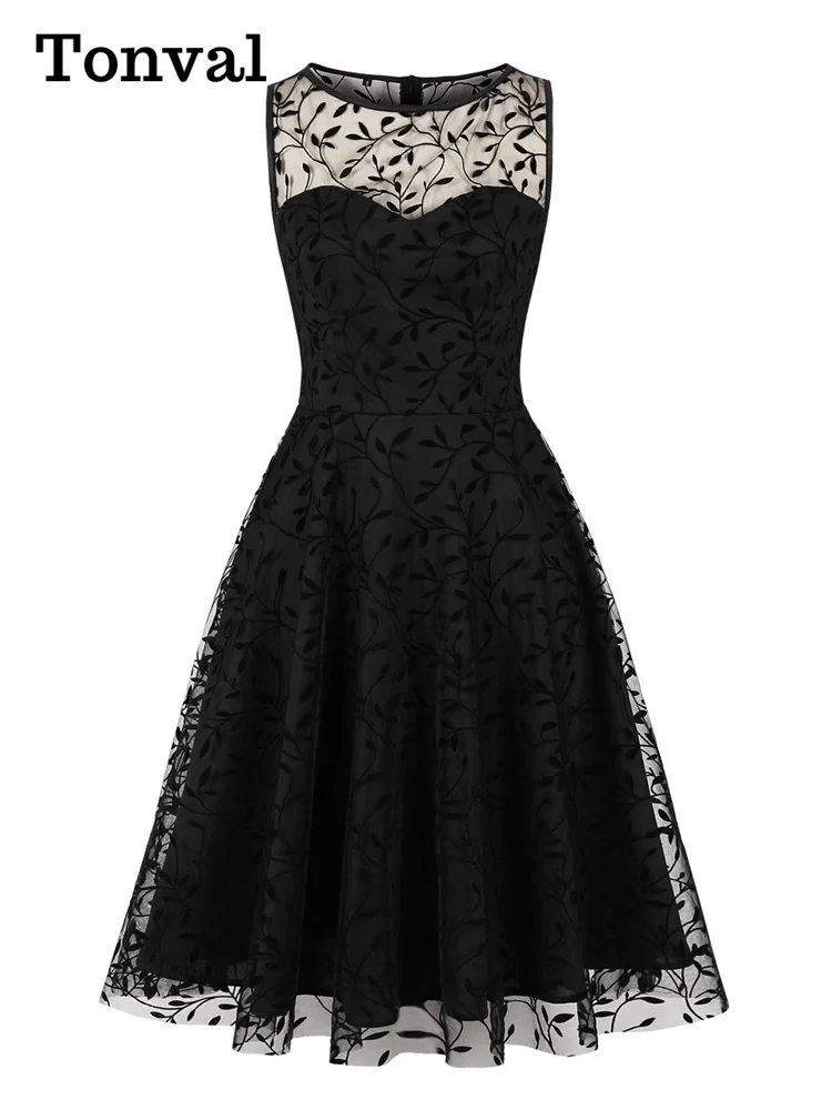 Sleeveless O-Neck Leaf Mesh A-Line Evening Elegant Black Vintage Style Women Party Swing Dress