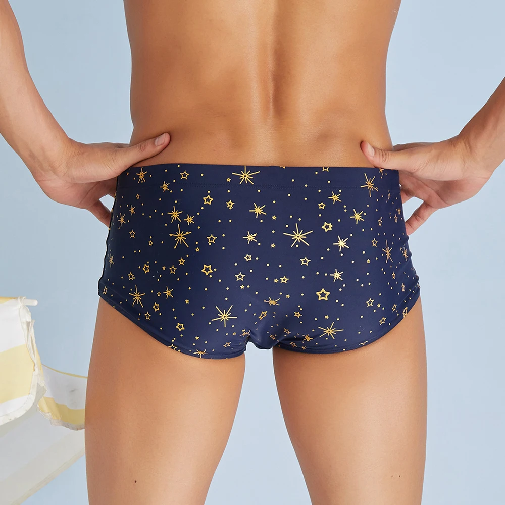 

Summer New European and American Men's Swimming Shorts Sports Beach Surf Print Sexy Low Waist Quick Dry Mens Lace-Up Swim Shorts