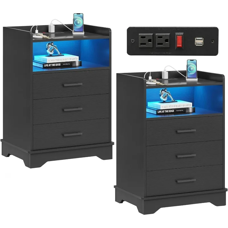 

Hasuit Nightstand Set of 2 with Charging Station, LED Lights, 3 Drawers, and Open Storage - Modern Black Bedside Tables