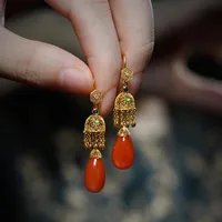24K retro southern red ice water drop earrings for women classic long 9999 real gold ancient red versatile temperament earrings