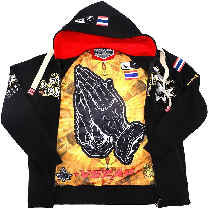 VSZAP Spring Autumn Muay Thai Fight Sweatshirt Men Fitness Hoodie Stretch Training Zip Cardigan Jacket