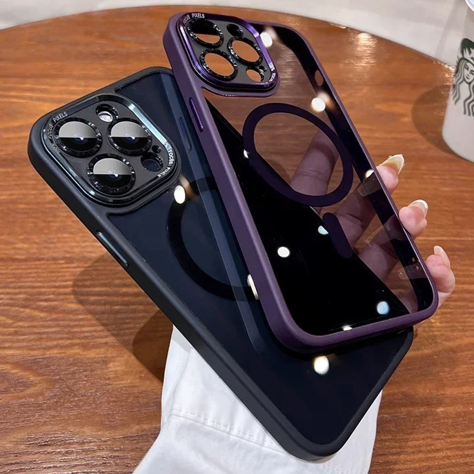 Luxury Magnetic Metal Lens Bumper Protection Case with Magsafe Acrylic Translucent Cover